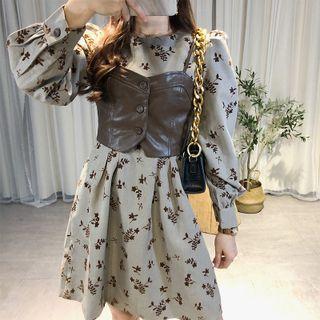 Set: Long-sleeve Dress + Faux-leather Sleeveless Top