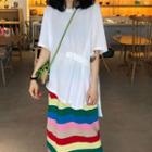 Plain Elbow-sleeve T-shirt / Striped Midi Skirt