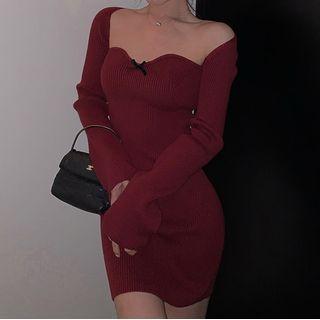 Long-sleeve Knit Mini Bodycon Dress Wine Red - One Size