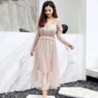 Set: Mesh Long-sleeve Midi A-line Dress + Slipdress