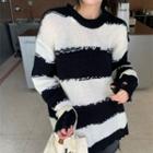 Long-sleeve Distressed Striped Sweater Stripes - Black & White - One Size