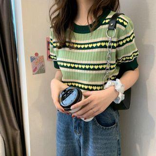 Round-neck Color-block Knit Cropped Top Avocado Green - One Size