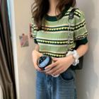 Round-neck Color-block Knit Cropped Top Avocado Green - One Size