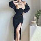 Two-tone Spaghetti Strap Slit Midi Dress / Shrug Cardigan