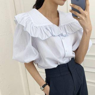 Ruffle Lapel Striped Puff Short Sleeve Shirt White - One Size