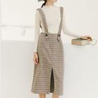 Mock-neck Long-sleeve Knit Top / Plaid Suspender Skirt