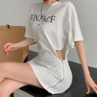 Elbow-sleeve Lettering Mini Sheath T-shirt Dress