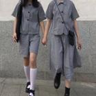 Short-sleeve Plaid Shirt / Plaid Shorts / Midi A-line Plaid Skirt / Set