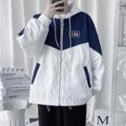 Letter Embroidered Paneled Hooded Zip Jacket