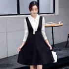 Set: Long-sleeve Lace Panel Blouse + A-line Jumper Dress