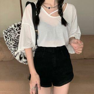 Short-sleeve Plain Cut-out T-shirt / High-waist Denim Shorts