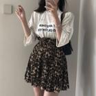 3/4-sleeve Lettering T-shirt / Leopard Print Mini A-line Skirt