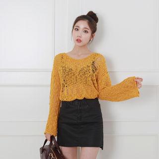 Long-sleeve Distressed Open-knit Top