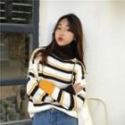 Turtle Neck Contrast Stripe Boxy Knit Pullover As Shown In Figure - One Size