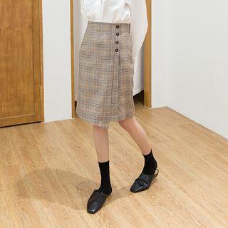 Buttoned Plaid Midi Wrap Skirt