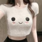 Smiley Face Embroidered Short-sleeve Knit Top / Ruffle Hem Shorts