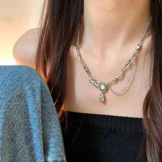 Rhinestone Pendant Necklace Silver & Light Green - One Size