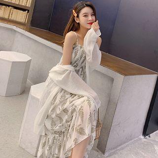 Leaf Print Spaghetti Strap Midi A-line Dress / Open Front Long Light Jacket