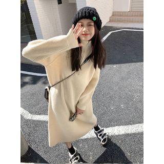 Turtle-neck Plain Half-zip Knit Dress