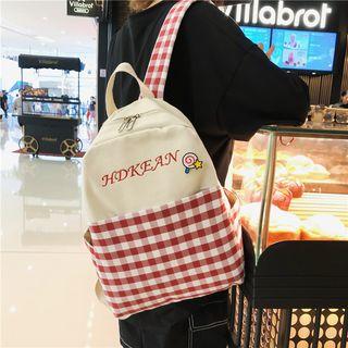 Letter Embroidered Checked Panel Canvas Backpack