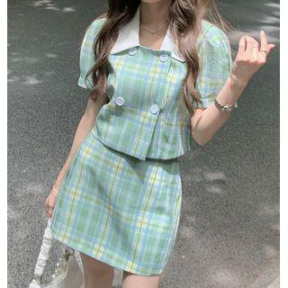Short-sleeve Plaid Collar Top / Mini Skirt