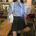 Long-sleeve Plain Shirt / High-waist Pleated Mini Skirt