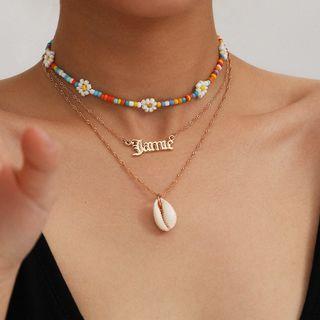 Set Of 3: Flower Beads + Alloy Lettering + Shell Layered Pendant Necklace Gold - One Size