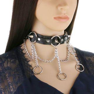 Studded Hoop Fringed Faux Leather Choker