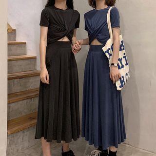 Set: Short-sleeve Crop Top + Midi Skirt
