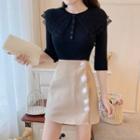 3/4-sleeve Lace Trim Knit Top / Embellished Fitted Mini Skirt / Set
