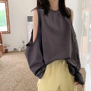 Cold-shoulder Oversize Long-sleeve T-shirt Dark Gray - One Size