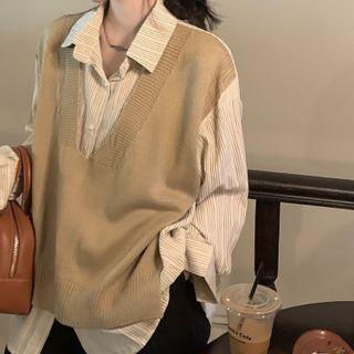 Long-sleeve Striped Mock Two-piece Top Top - One Size