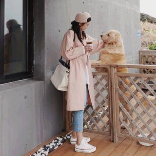 High-neck Drawstring-waist Parka Pink - One Size