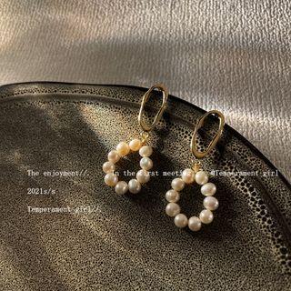 Freshwater Pearl Loop Dangle Earring 1 Pair - C-353 - Gold - One Size