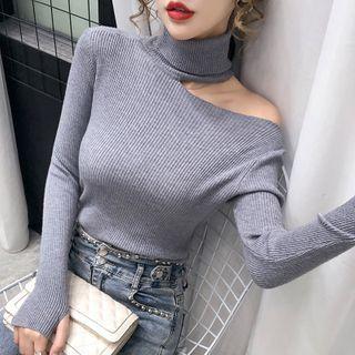 High-neck Off-shoulder Long-sleeve Knit Top