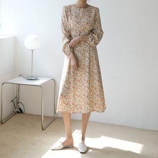 Balloon-sleeve Tie-waist Long Floral Dress Light Beige - One Size