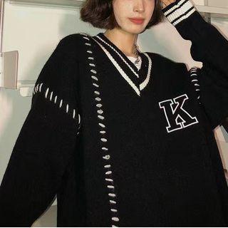 Lettering Contrast Stitching Sweater