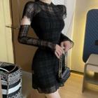 Set: Short-sleeve Plaid A-line Dress + Arm Sleeves Set Of 2 - Black - One Size
