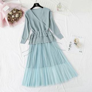 Set: Drawstring Waist Knit Top + Mesh Midi Skirt