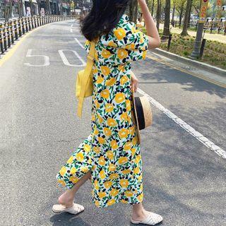 Floral Short-sleeve Midi Sheath Dress As Shown In Figure - One Size