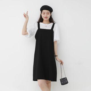 Set: Short-sleeve Plain T-shirt + Midi Shift Overall Dress