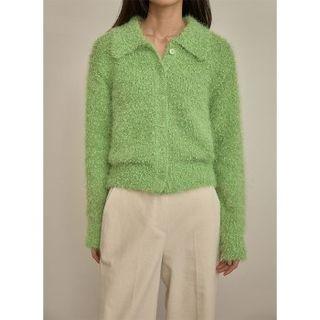 Collared Furry Knit Cardigan Green - One Size