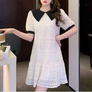 Short-sleeve Contrast Trim Flared-hem Shift Dress
