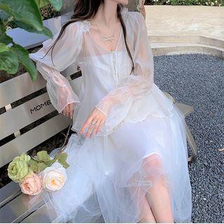 Tie-front Light Chiffon Jacket / Strapless Midi A-line Dress