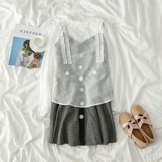 Single-breasted Sleeveless Dress / Frilled Trim Chiffon Top