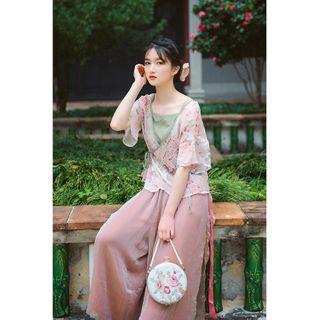 Elbow-sleeve Floral Print Mesh Hanfu Top