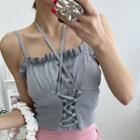 Sleeveless Frilled Lace-up Knit Crop Top
