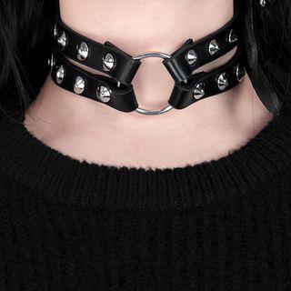 Studded Layered Faux Leather Choker Black - One Size