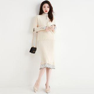 Set: Long-sleeve Dotted Trim Mock-neck Knit Midi Dress + Sweater Vest