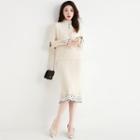 Set: Long-sleeve Dotted Trim Mock-neck Knit Midi Dress + Sweater Vest